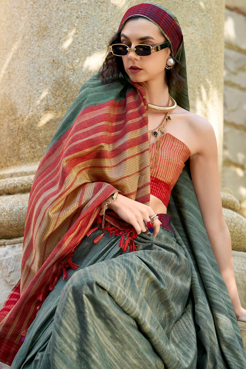 Redbull Bottle Green Pure Fancy Katan Handmade Saree