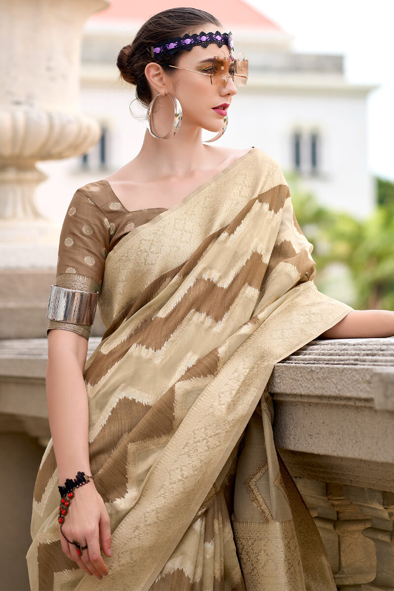 Renault Brown Linen Cotton silk Woven Saree