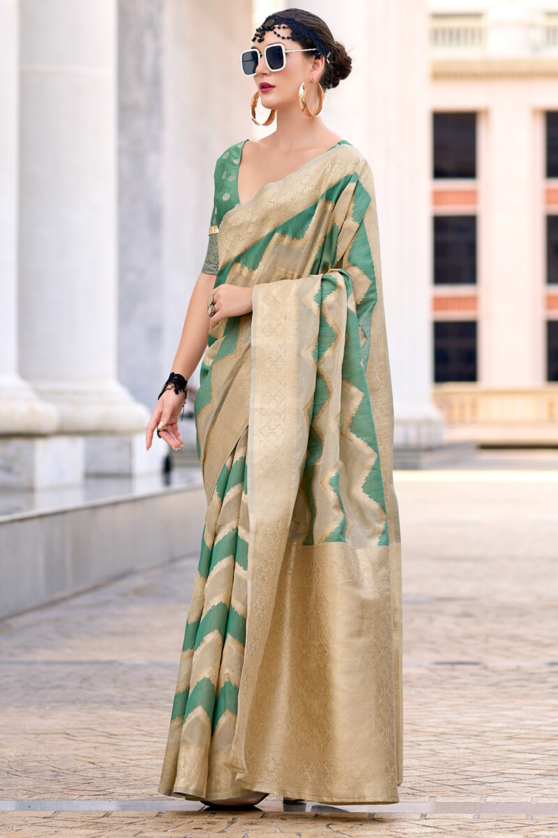 Renault Green Linen Cotton silk Woven Saree