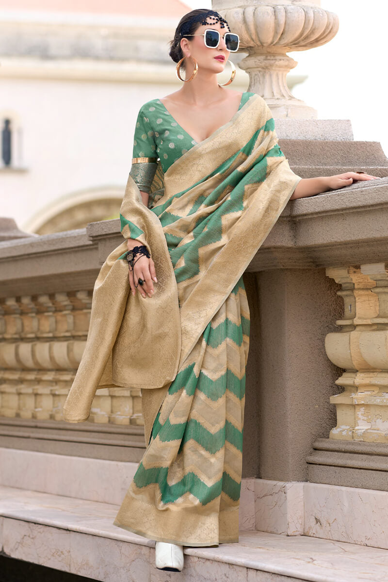 Renault Green Linen Cotton silk Woven Saree