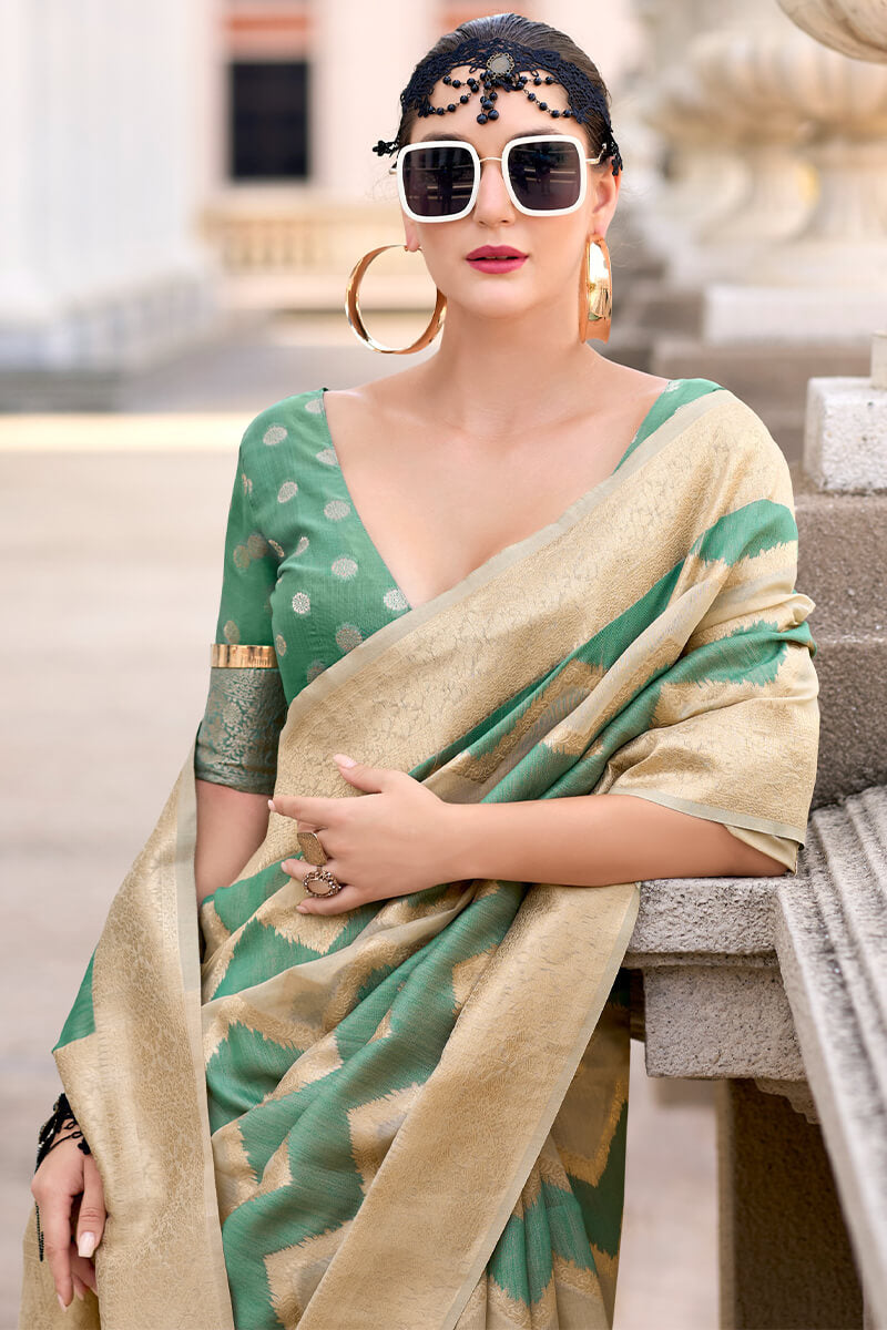 Renault Green Linen Cotton silk Woven Saree