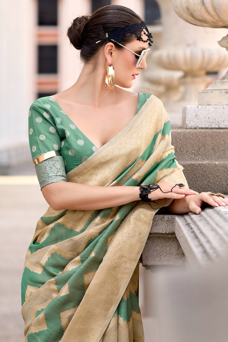 Renault Green Linen Cotton silk Woven Saree