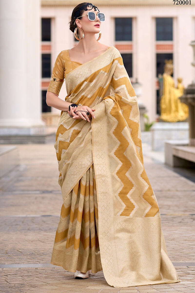 Renault Yellow Linen Cotton silk Woven Saree