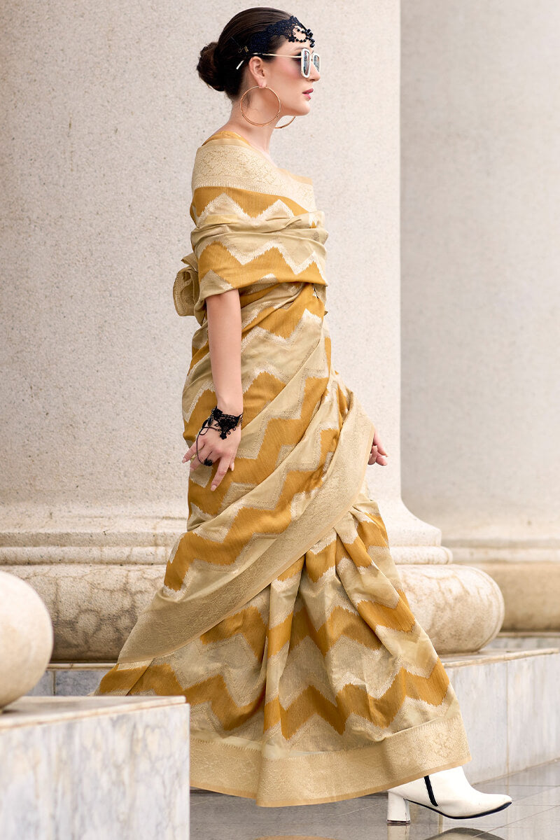Renault Yellow Linen Cotton silk Woven Saree