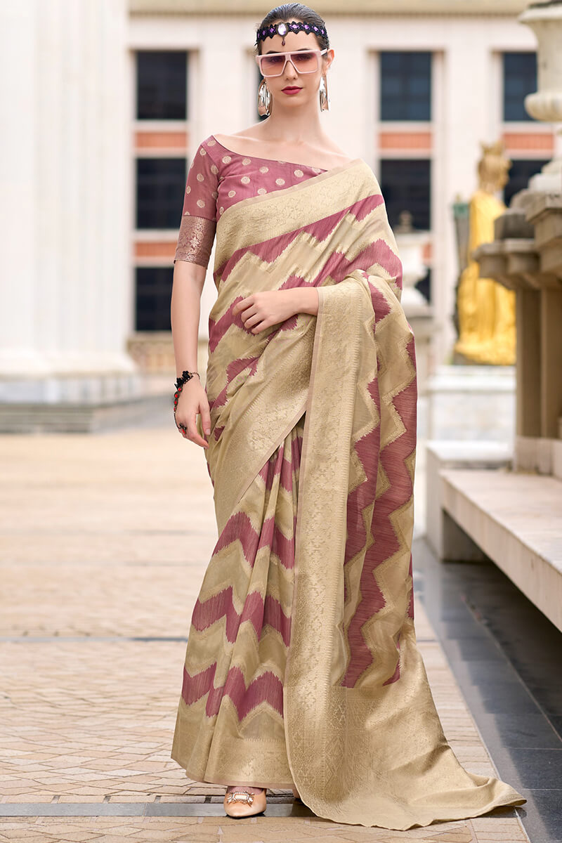 Renault Pink Linen Cotton silk Woven Saree