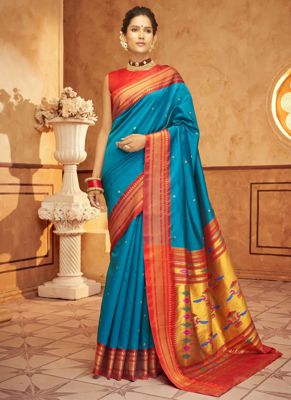 Aniruddh Sky Blue Zari Weaving Pure Paithani silk Saree