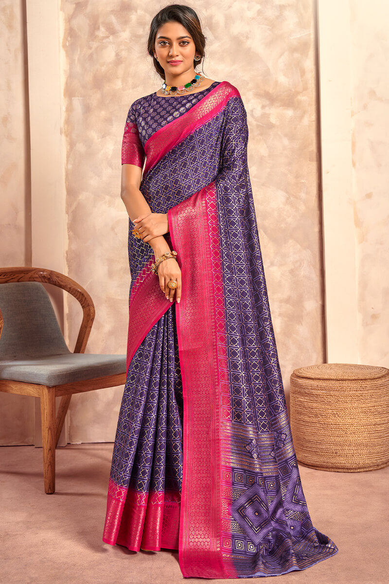 Celo Purple Soft Dola Silk Foil Print With Jacquard Border Saree