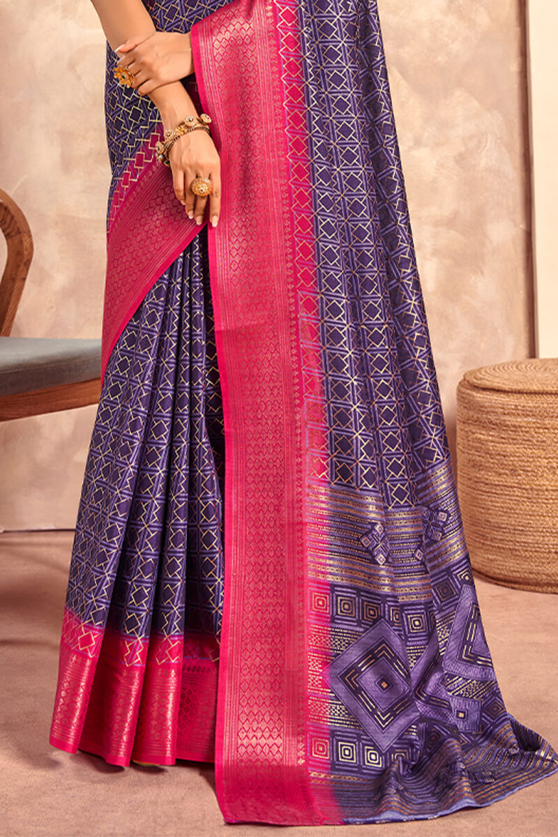 Celo Purple Soft Dola Silk Foil Print With Jacquard Border Saree