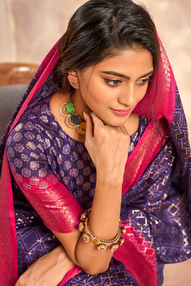 Celo Purple Soft Dola Silk Foil Print With Jacquard Border Saree