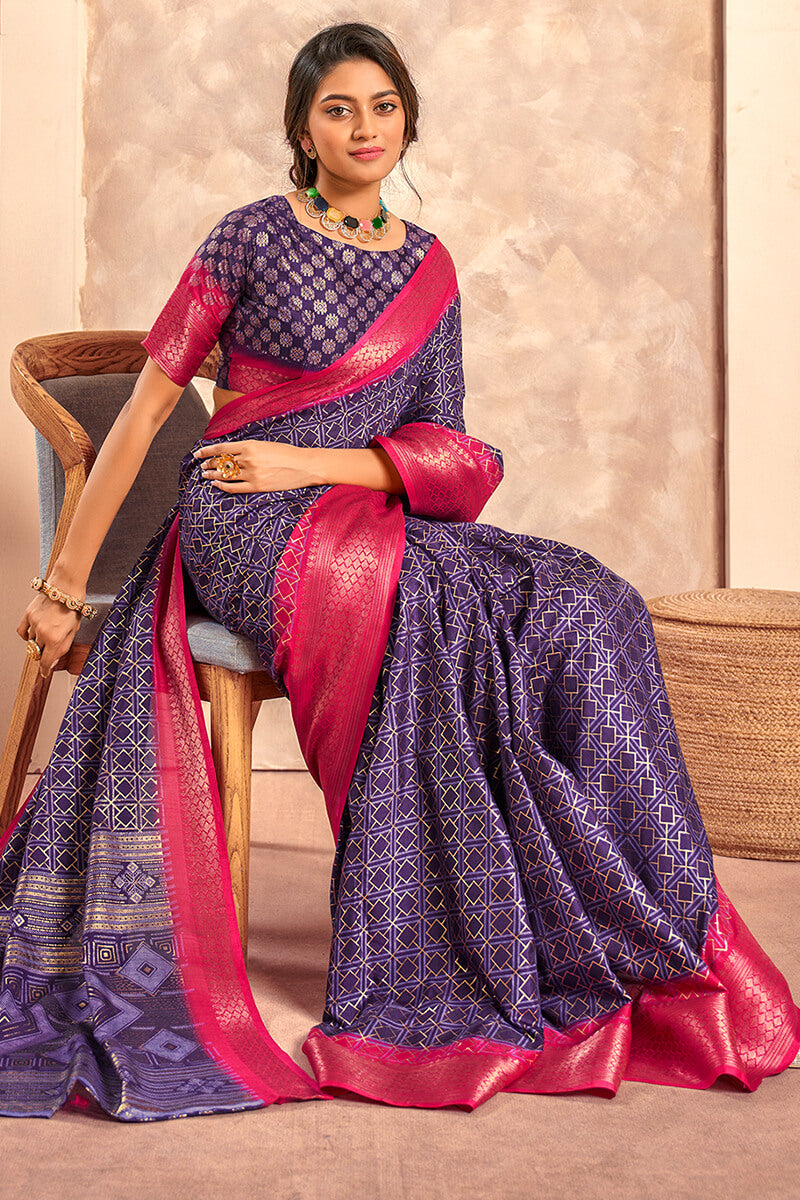 Celo Purple Soft Dola Silk Foil Print With Jacquard Border Saree