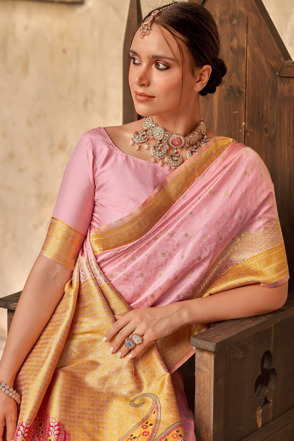 Pihu Blush Pink Banarasi Soft Silk Weaving Saree