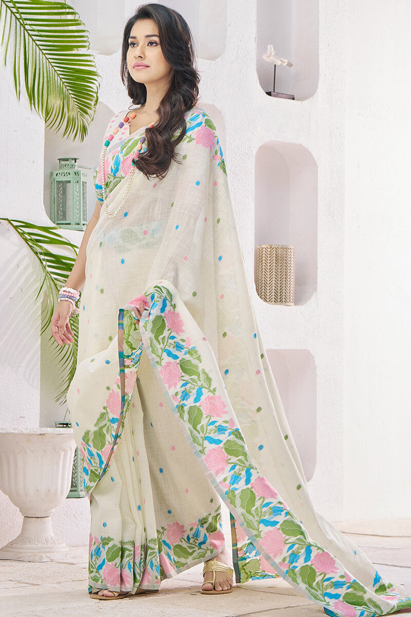 Gulabi White Pure Soft Linen Silk Printed Saree
