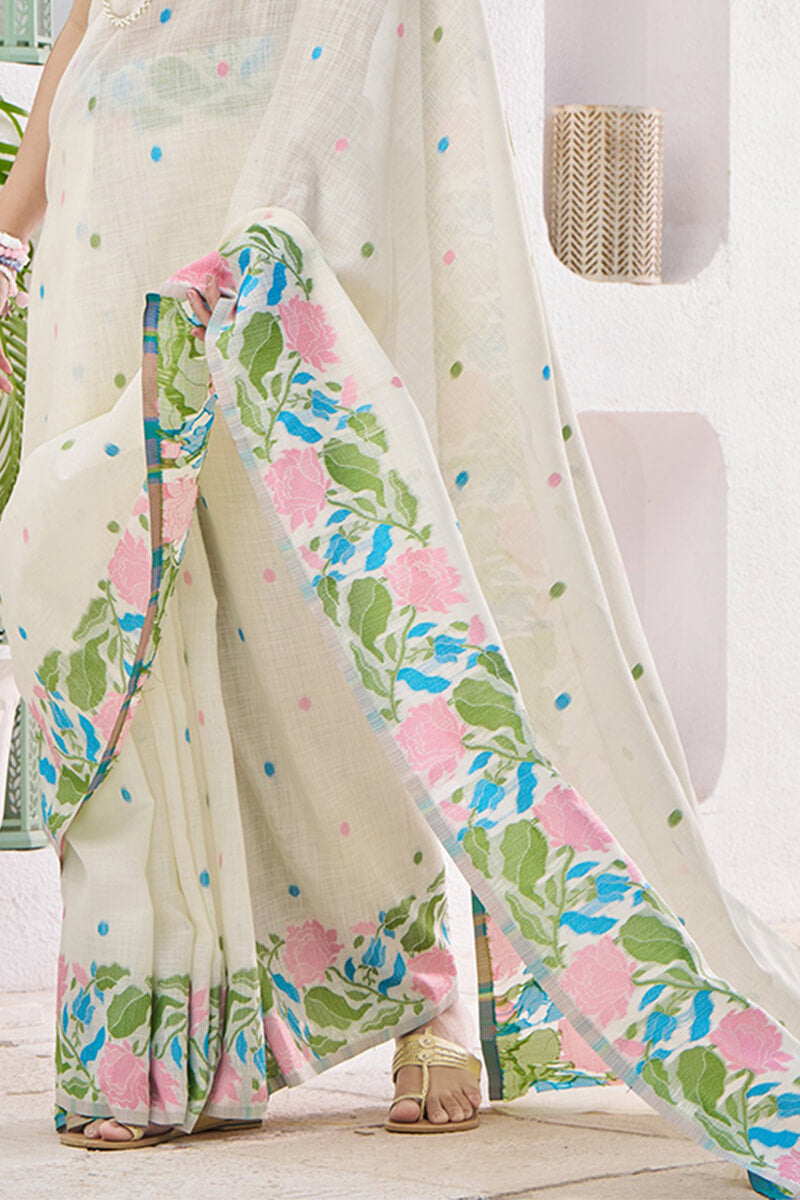 Gulabi White Pure Soft Linen Silk Printed Saree