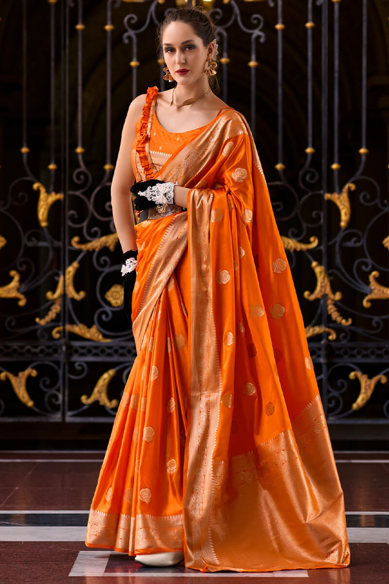 Mungha Orange Banarasi Satin Silk Zari Weaving Saree