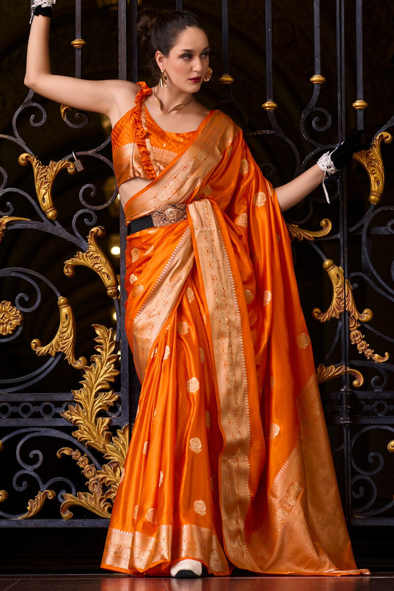Mungha Orange Banarasi Satin Silk Zari Weaving Saree
