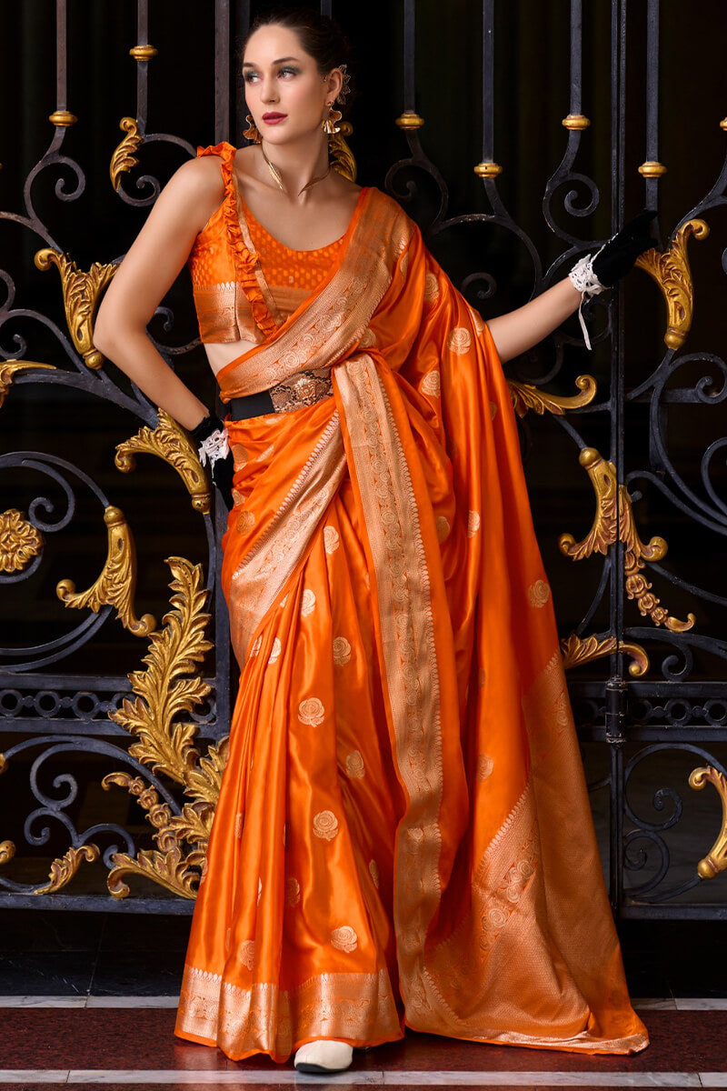 Mungha Orange Banarasi Satin Silk Zari Weaving Saree
