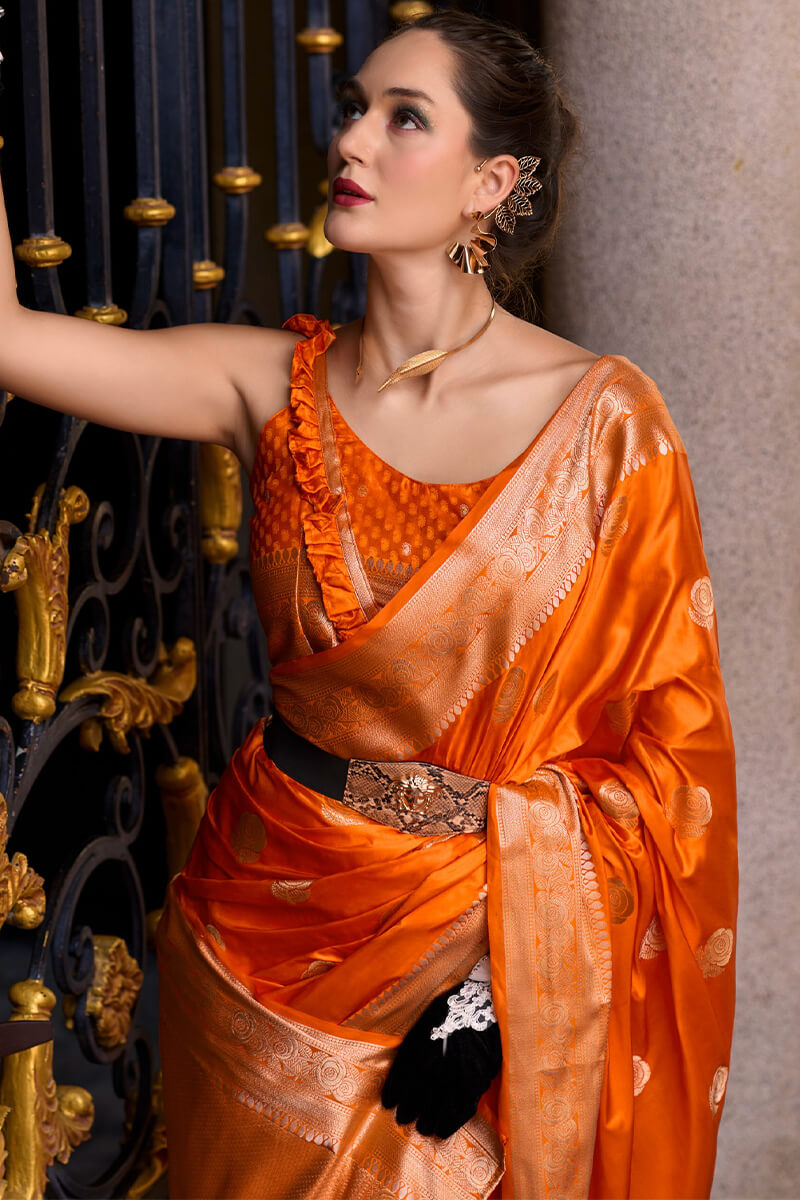 Mungha Orange Banarasi Satin Silk Zari Weaving Saree