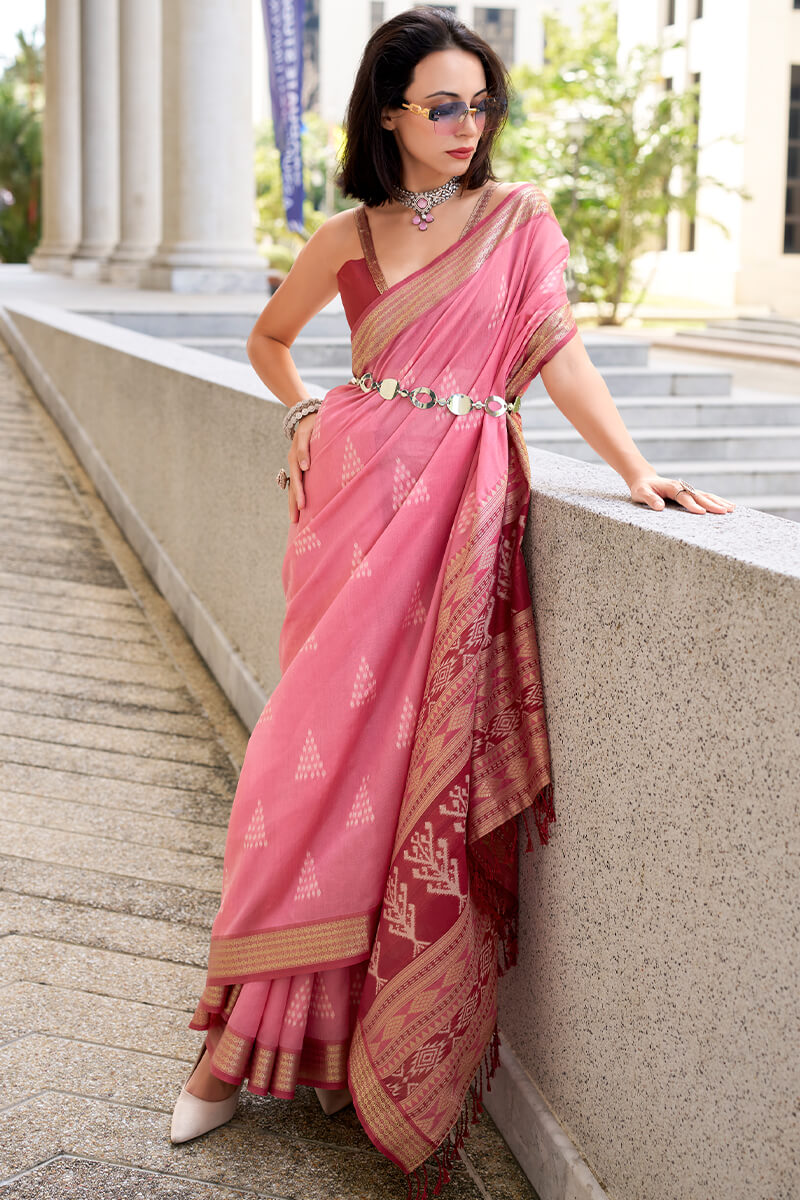 Egypt Pink Banarasi Soft Silk Ikkat Weaving Saree