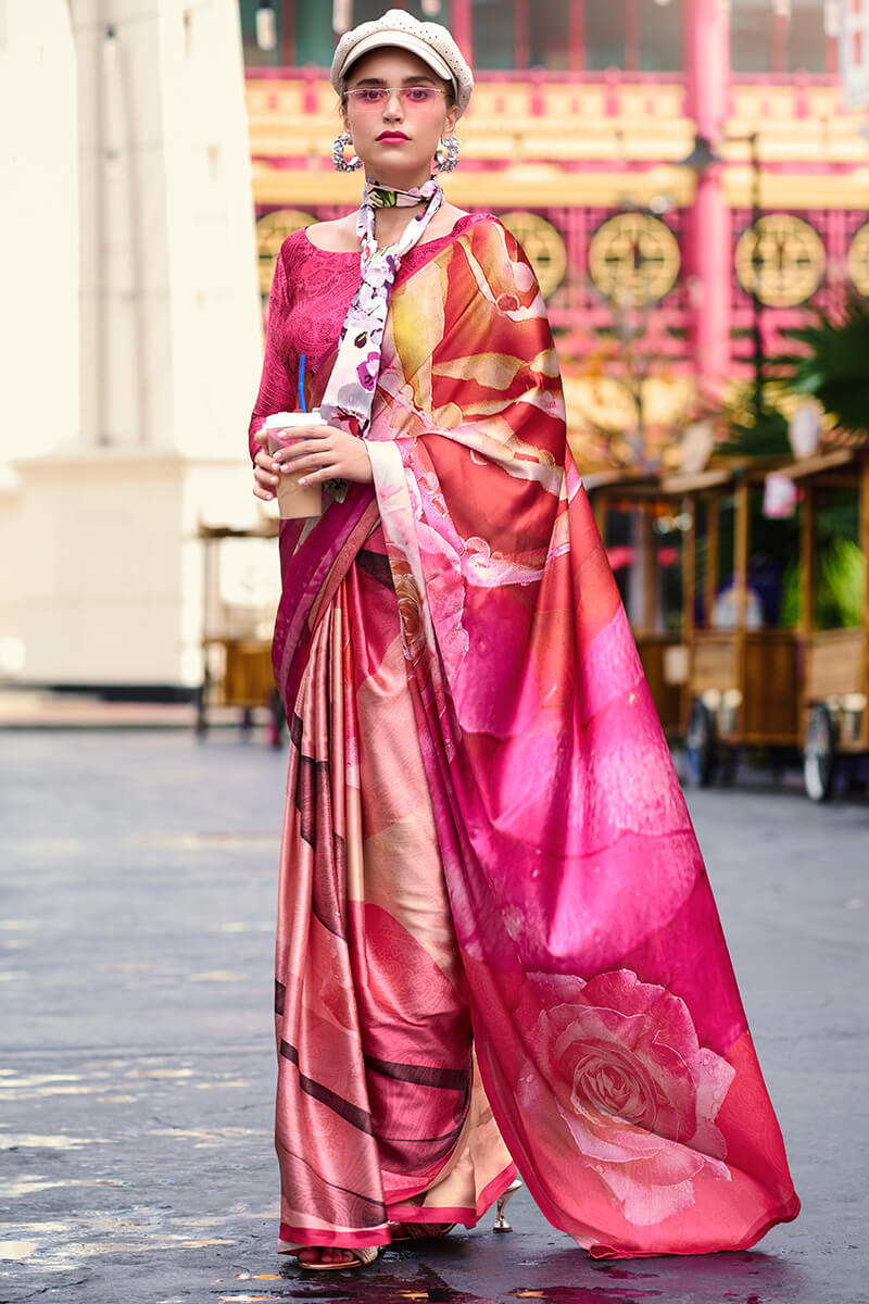 Next Ganeration Peony Pink Pure Satin Silk Digital Printed Saree