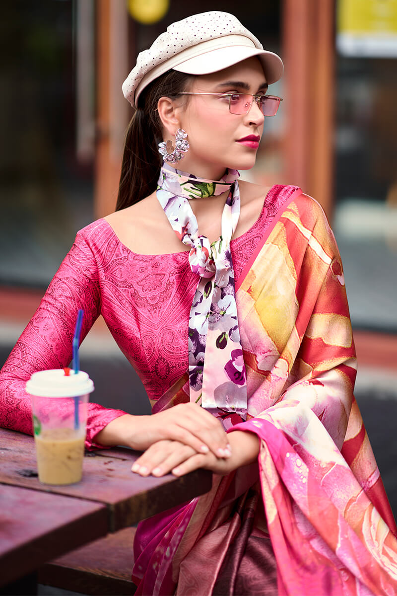 Next Ganeration Peony Pink Pure Satin Silk Digital Printed Saree