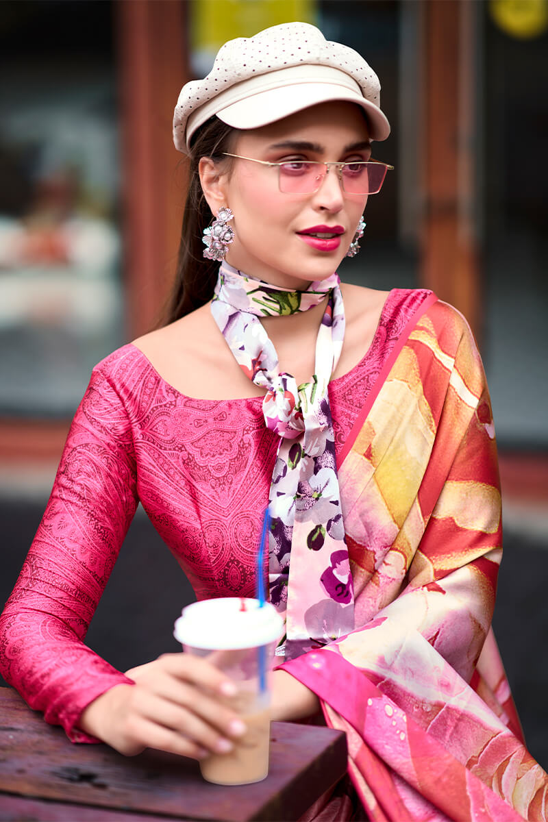 Next Ganeration Peony Pink Pure Satin Silk Digital Printed Saree
