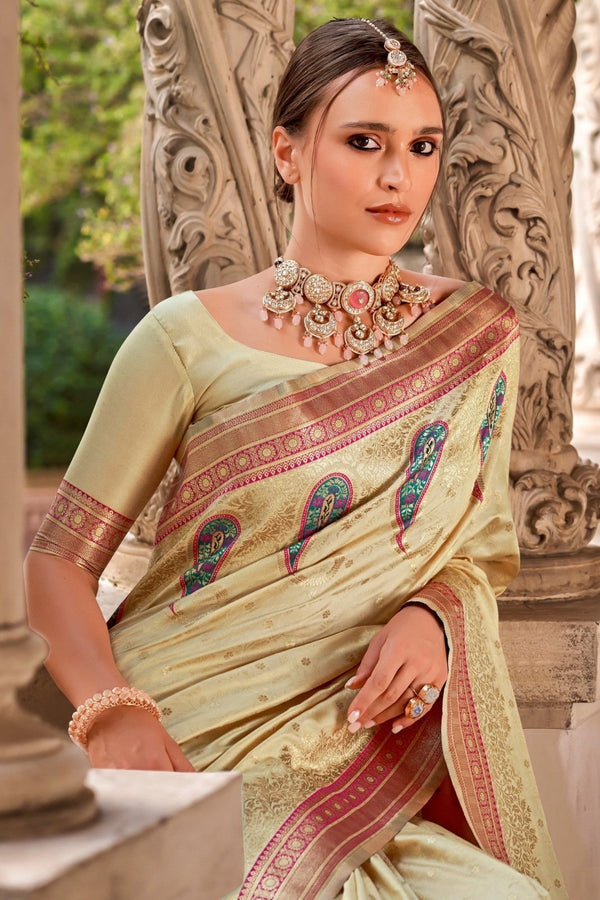 Pihu Cream Banarasi Soft Silk Weaving Saree