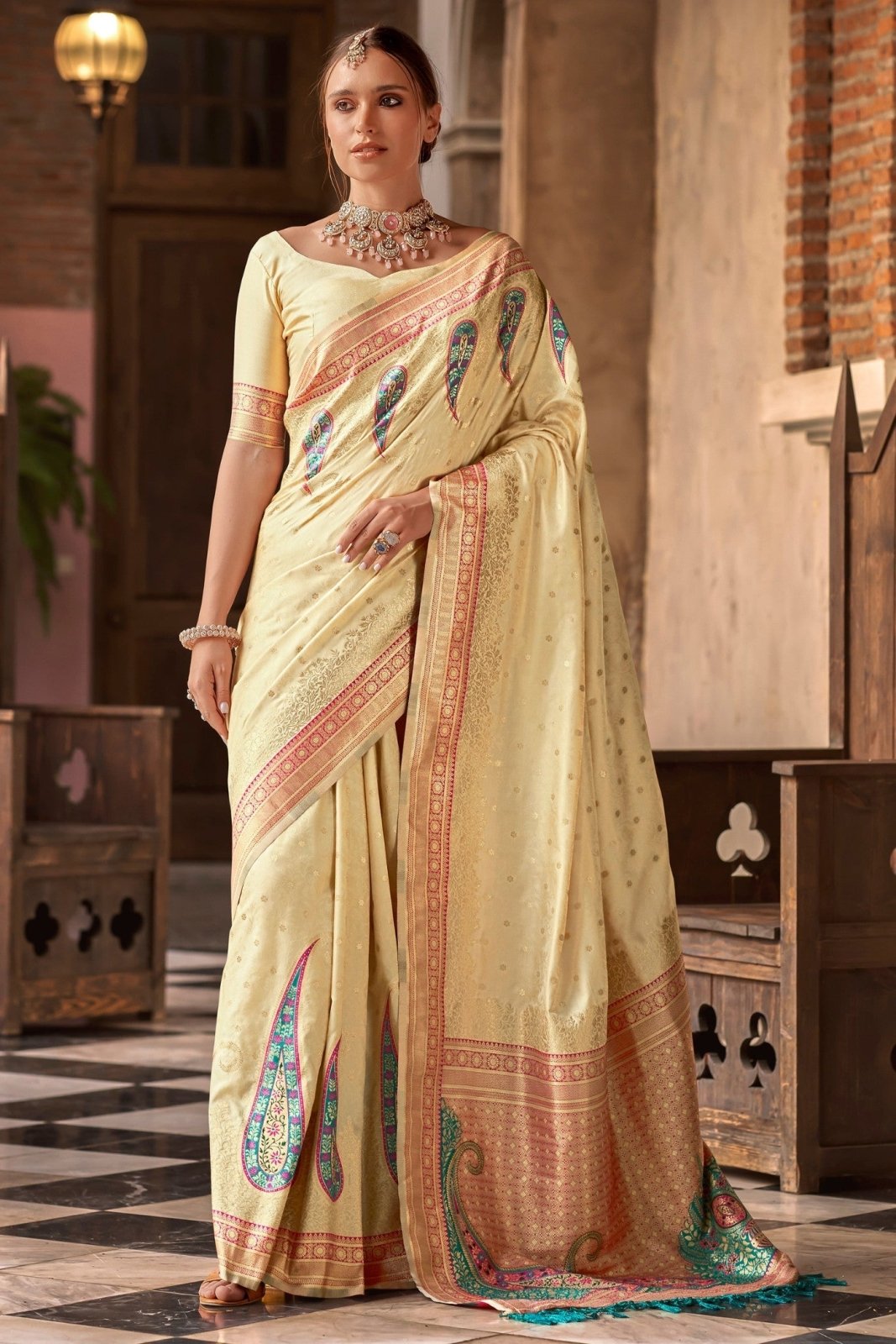 Pihu Cream Banarasi Soft Silk Weaving Saree