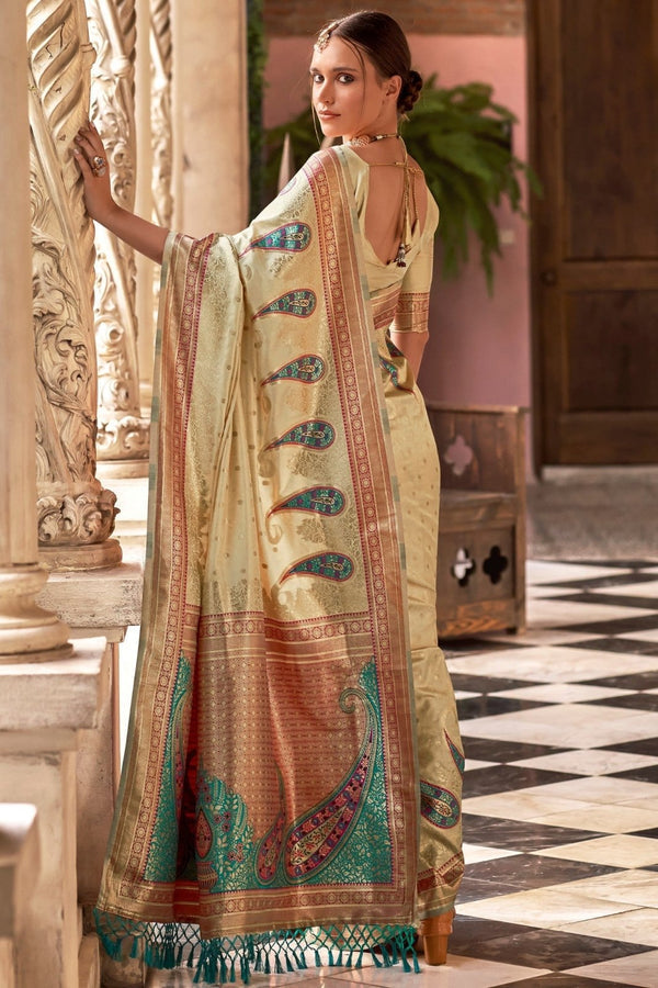 Pihu Cream Banarasi Soft Silk Weaving Saree