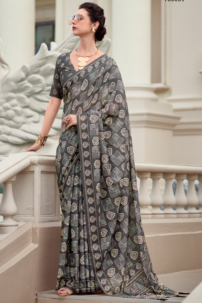 Resham Onyx Grey Pure Mal cotton Printed Saree