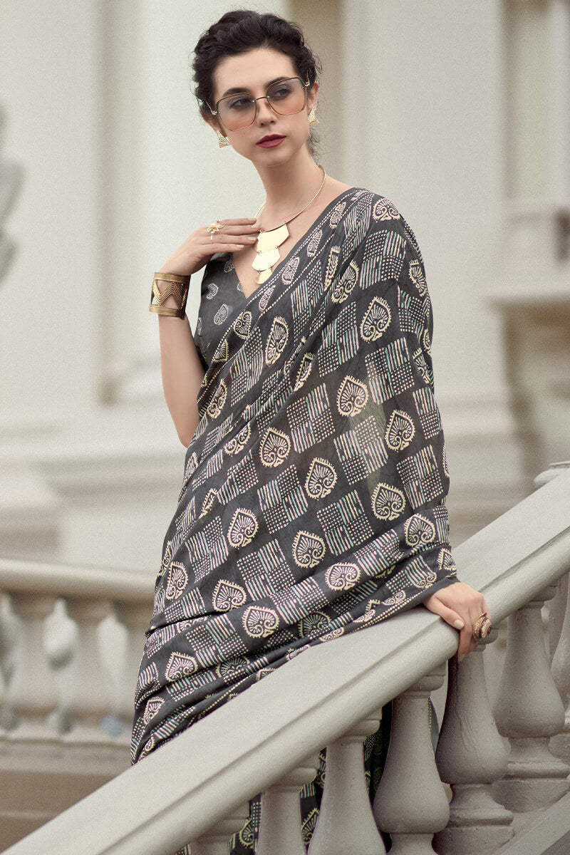 Resham Onyx Grey Pure Mal cotton Printed Saree
