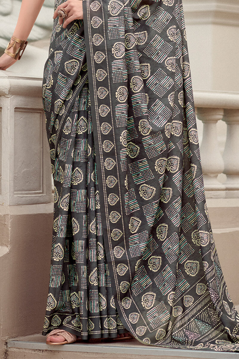 Resham Onyx Grey Pure Mal cotton Printed Saree