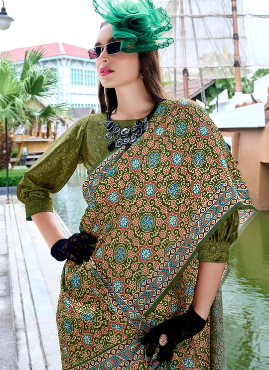 Next Generation Sea Green Ajrakh Satin Crepe Silk Printed Saree