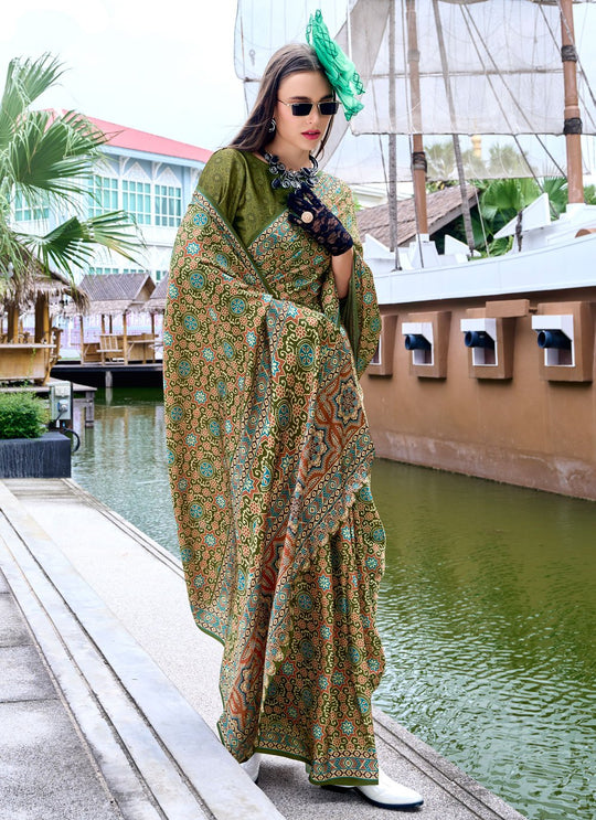 Next Generation Sea Green Ajrakh Satin Crepe Silk Printed Saree