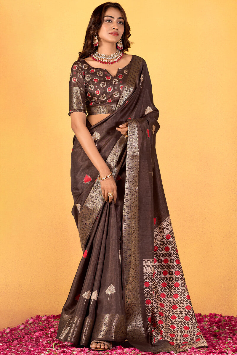 Chocolate Brown Soft Dola Silk Foil Printed Saree
