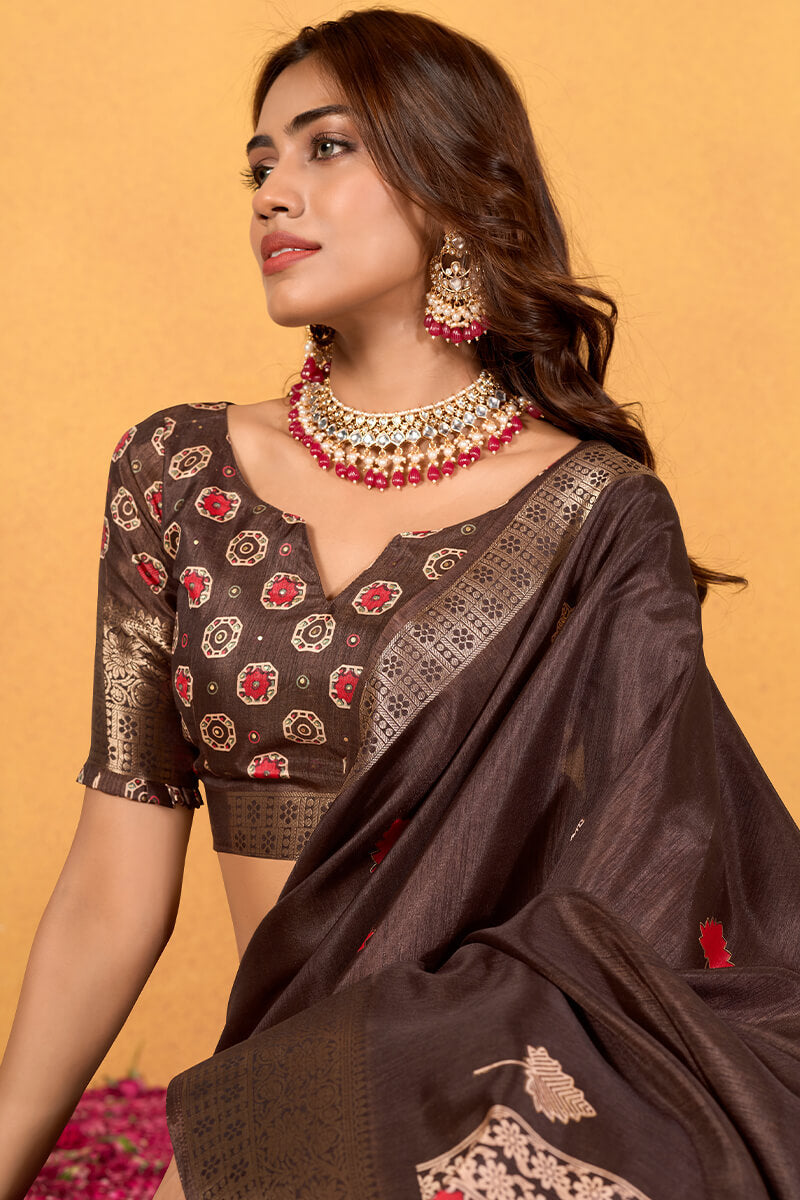 Chocolate Brown Soft Dola Silk Foil Printed Saree