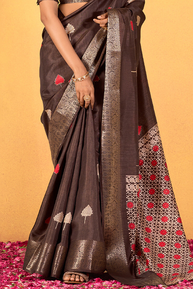 Chocolate Brown Soft Dola Silk Foil Printed Saree