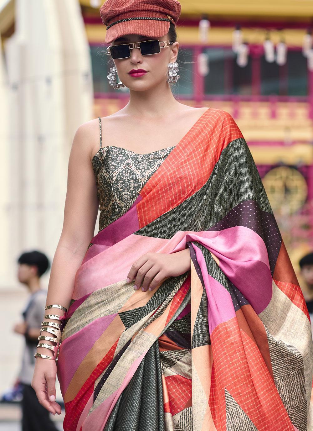 Next Ganeration Multicolor Pure Satin Silk Digital Printed Saree