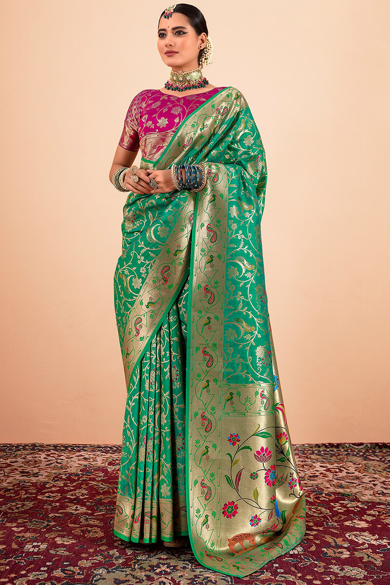 Sailja Green Pure Paithani Silk Zari Weaving Saree