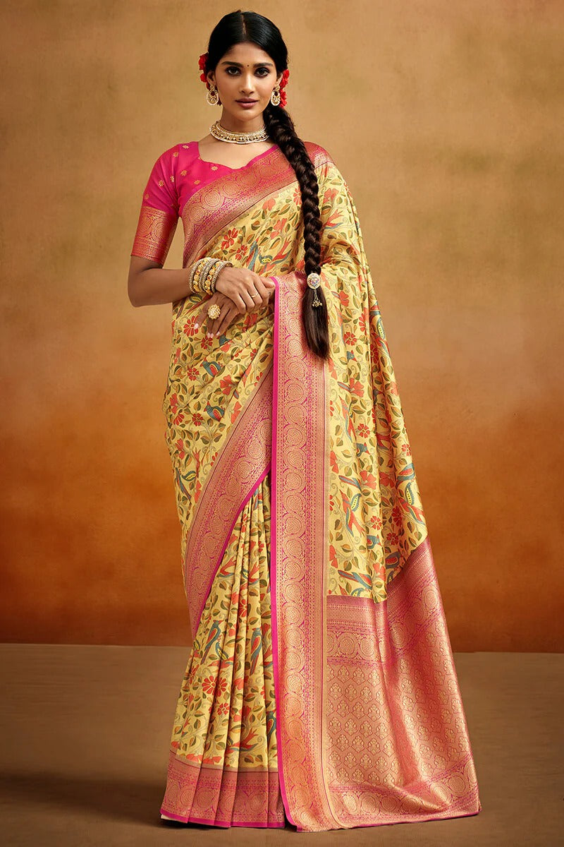 Moghra Harvest Gold Banarasi Tussar Silk Woven Kalamkari Saree