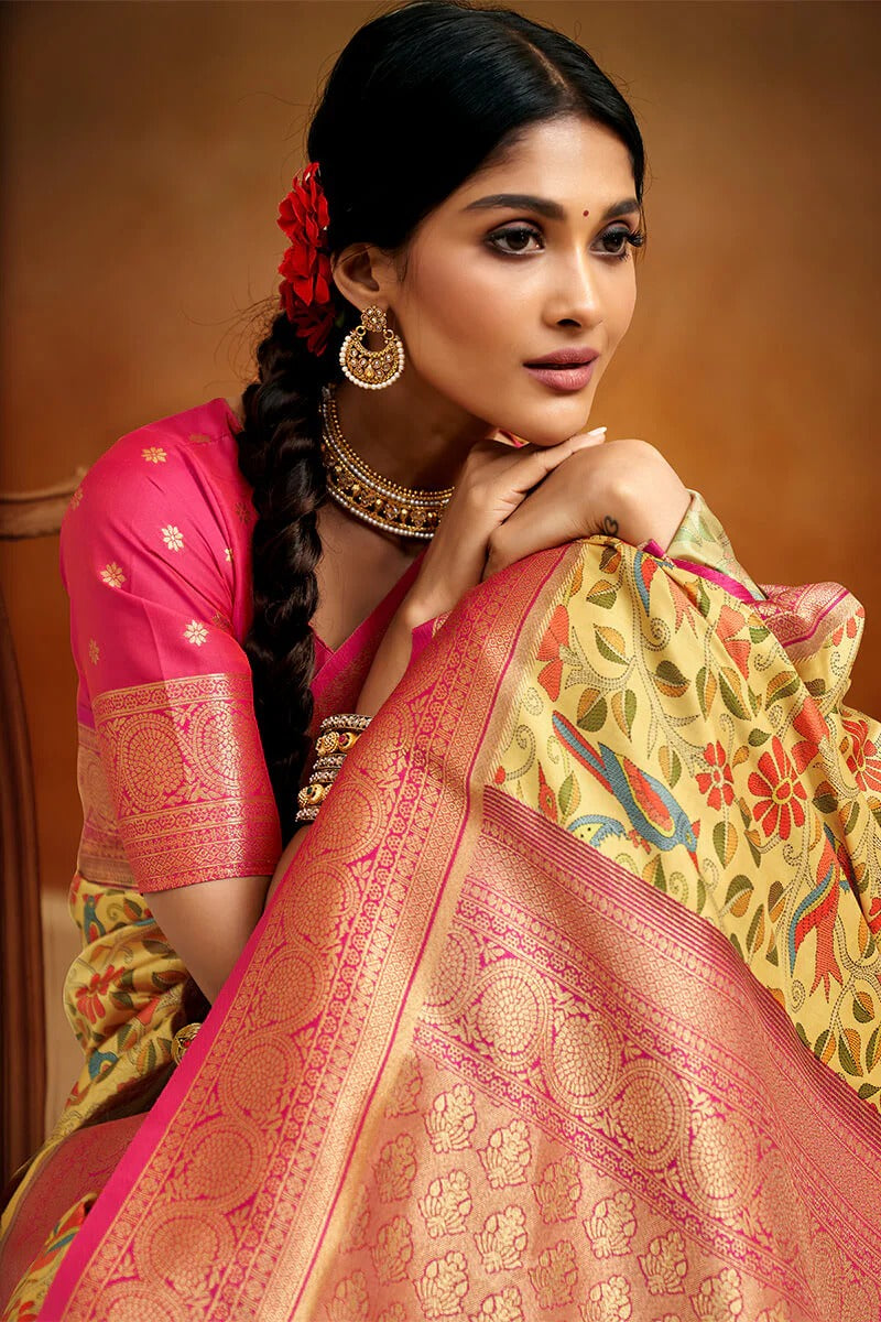 Moghra Harvest Gold Banarasi Tussar Silk Woven Kalamkari Saree