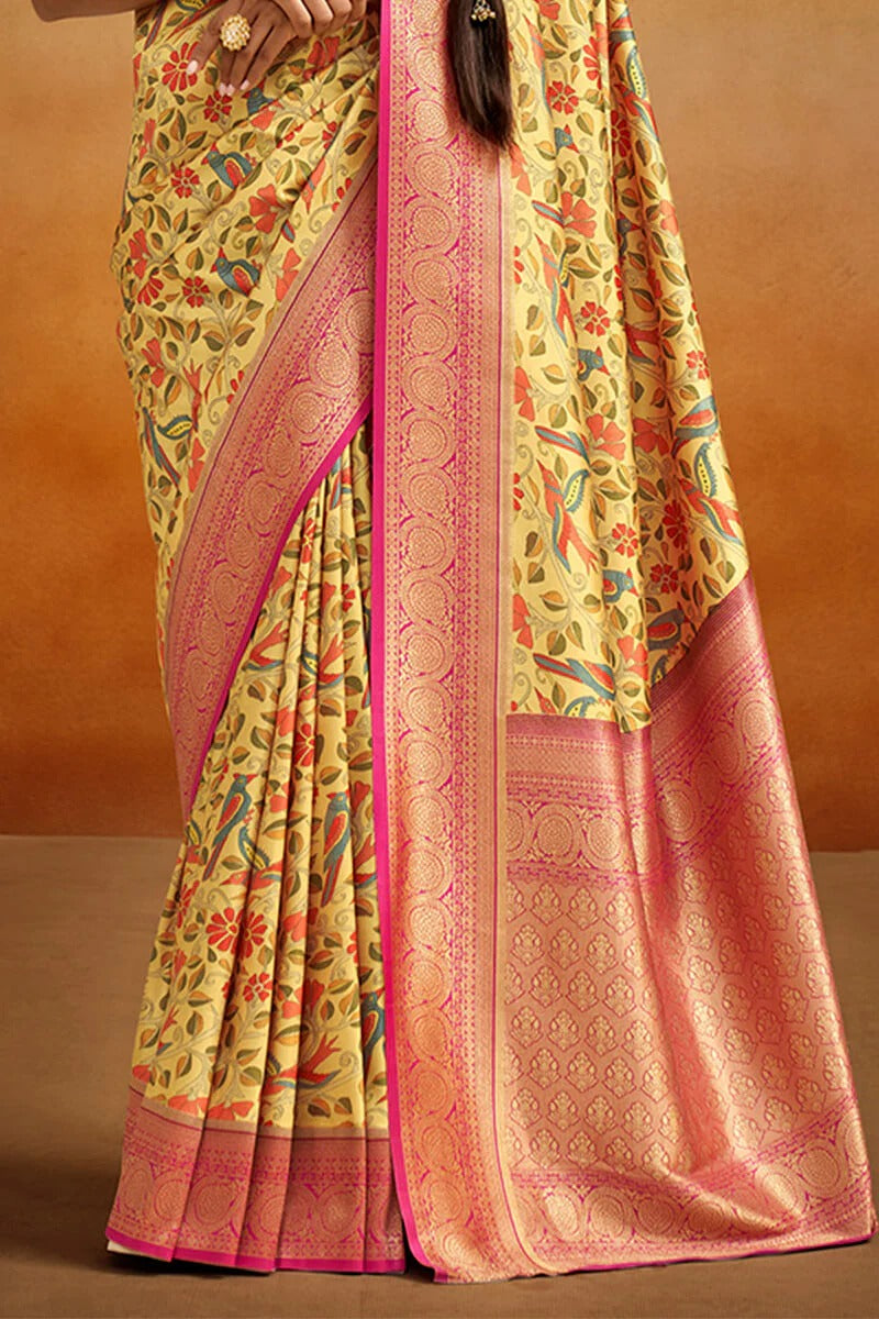 Moghra Harvest Gold Banarasi Tussar Silk Woven Kalamkari Saree
