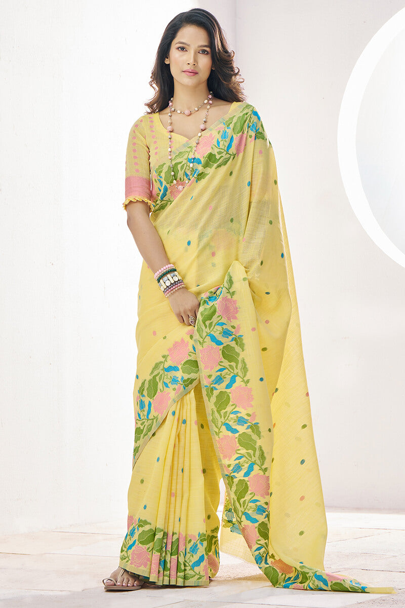 Gulabi Yellow Pure Soft Linen Silk Printed Saree