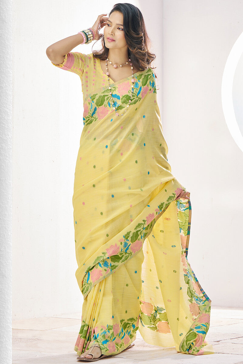 Gulabi Yellow Pure Soft Linen Silk Printed Saree