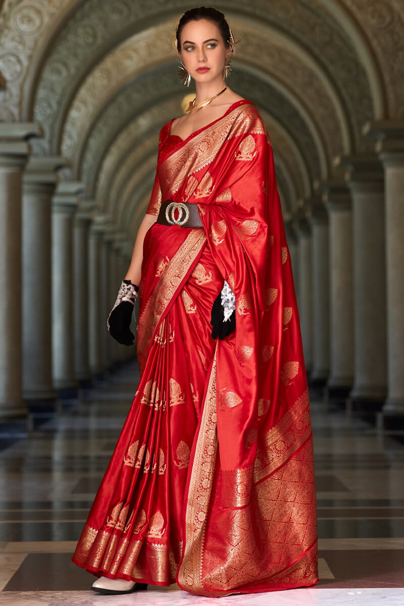 Mungha Red Banarasi Satin Silk Zari Weaving Saree