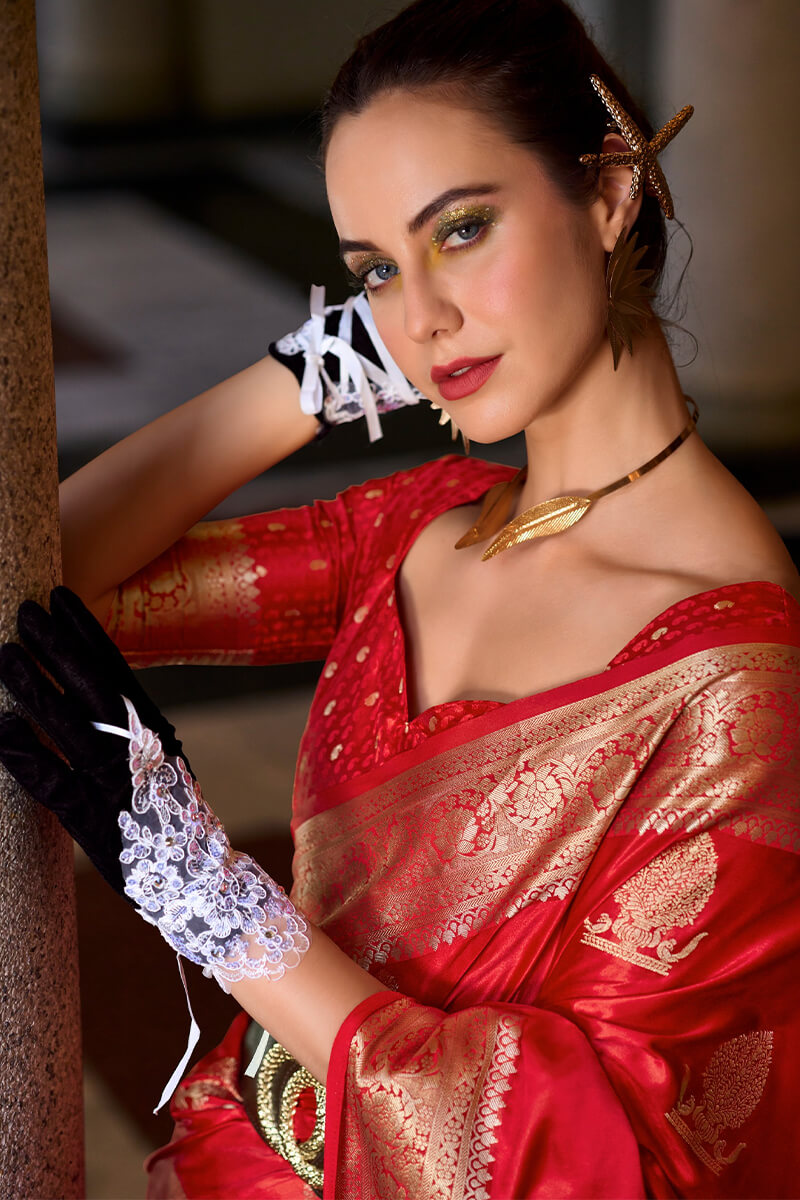 Mungha Red Banarasi Satin Silk Zari Weaving Saree