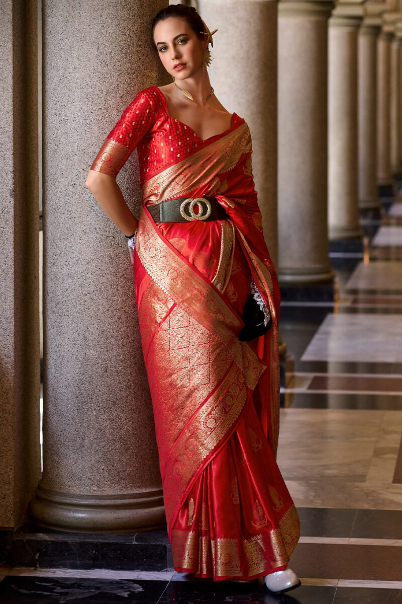 Mungha Red Banarasi Satin Silk Zari Weaving Saree