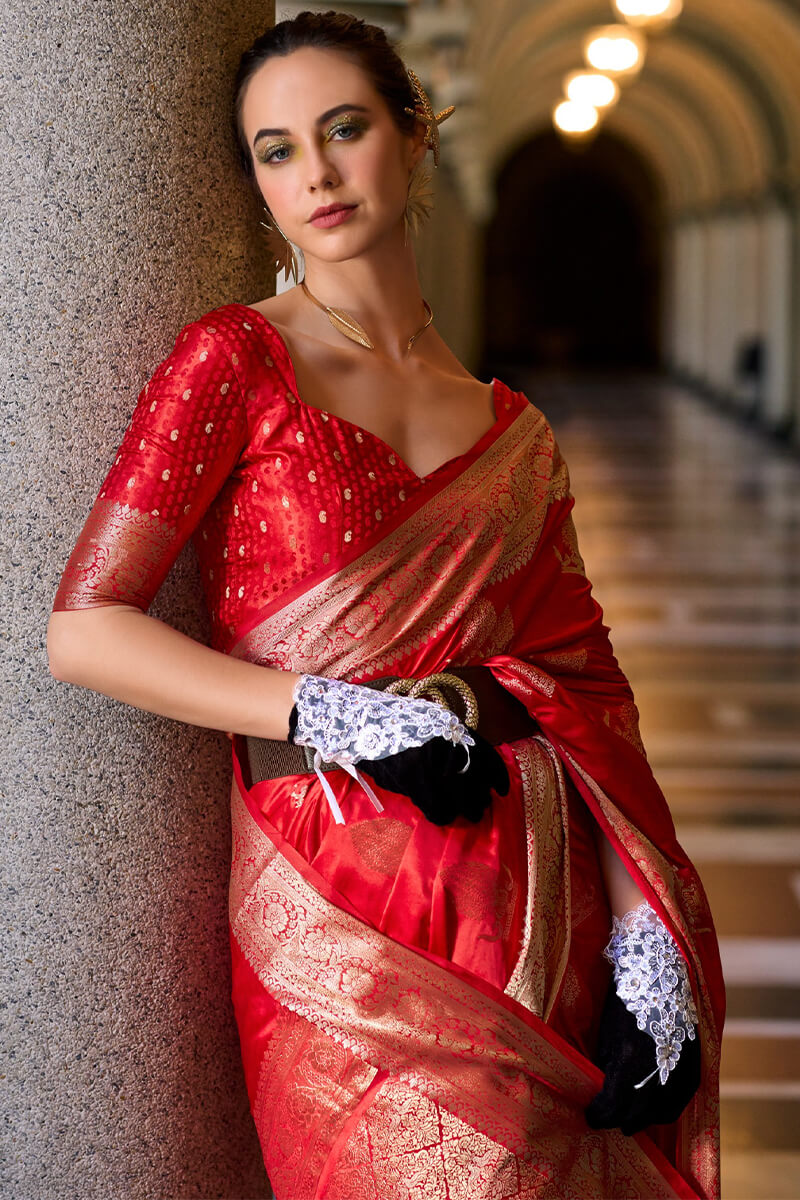 Mungha Red Banarasi Satin Silk Zari Weaving Saree