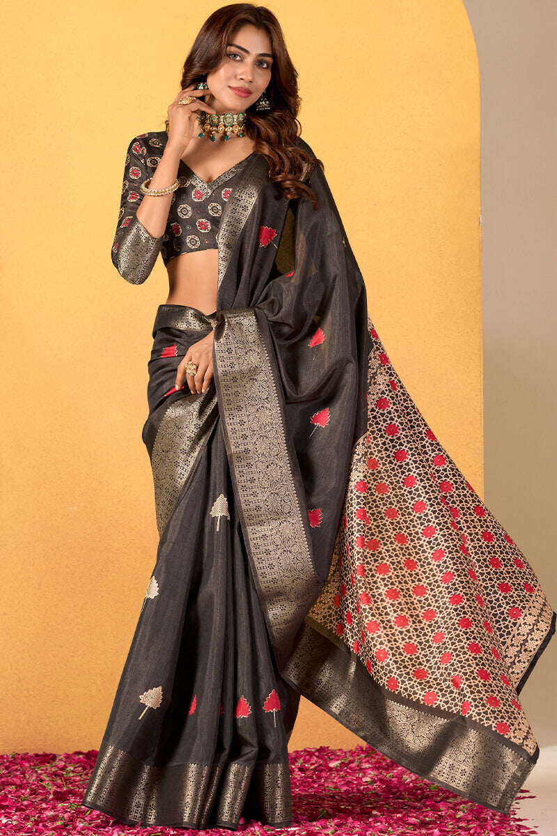 Chocolate Black Soft Dola Silk Foil Printed Saree