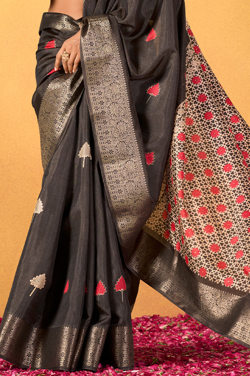 Chocolate Black Soft Dola Silk Foil Printed Saree