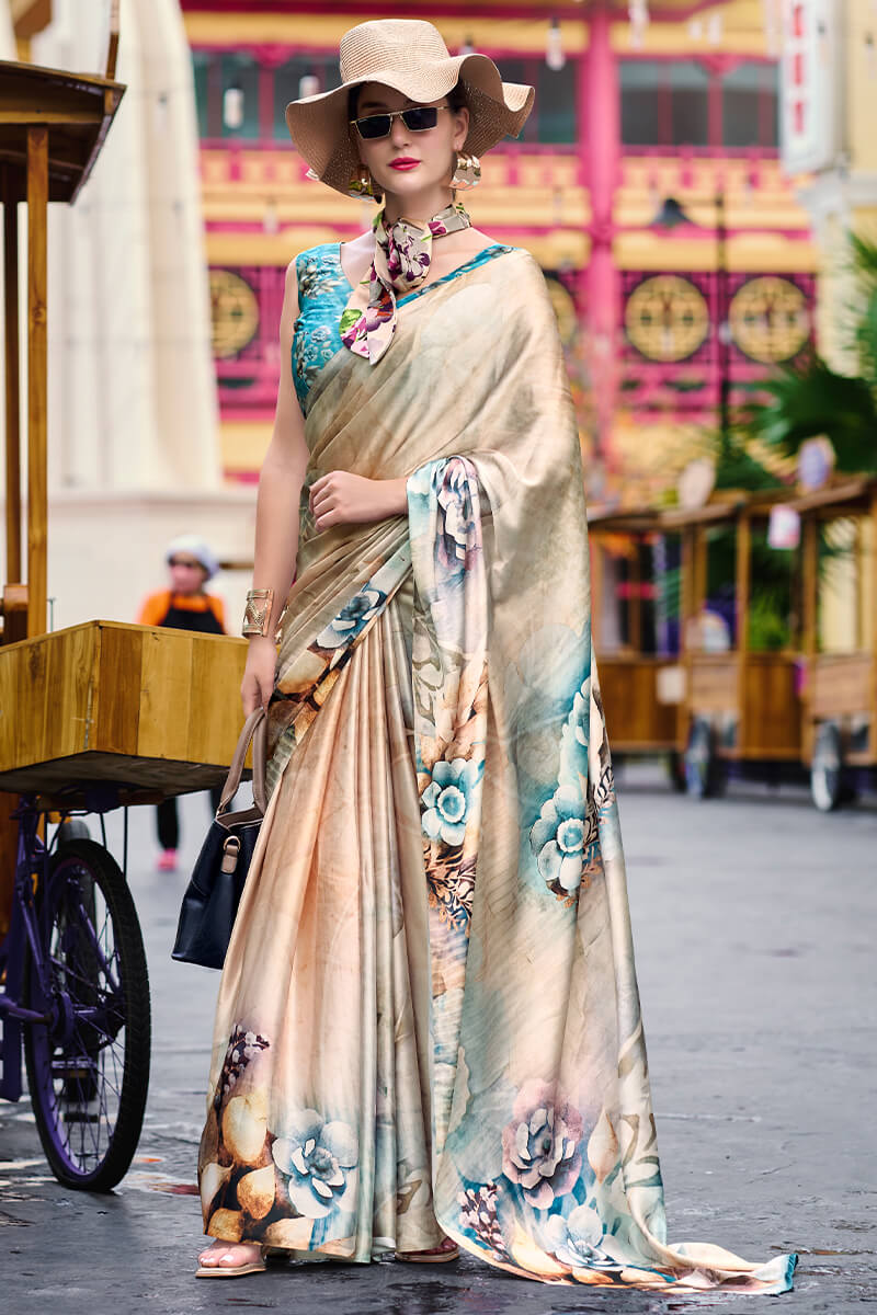Next Ganeration Stone Beige Pure Satin Silk Digital Printed Saree